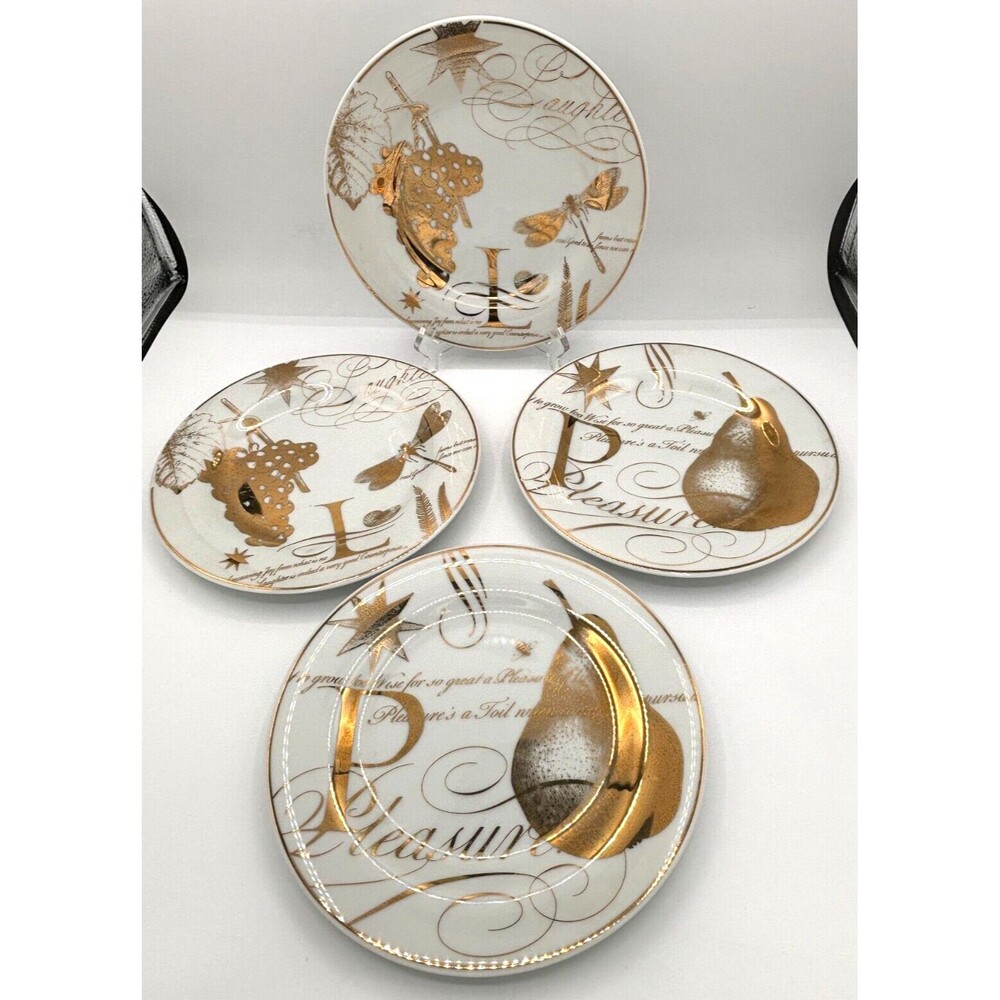 Pottery Barn Salad Dessert Plates Bone China Poetry Gold Trimmed 8.5" Set of‎ 4